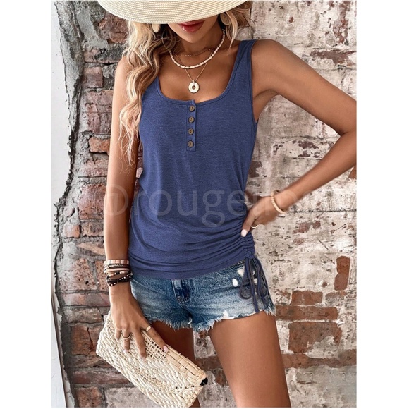 Blue Tank Top Button Front One Side Drawstring Stretchy - Picture 5 of 8